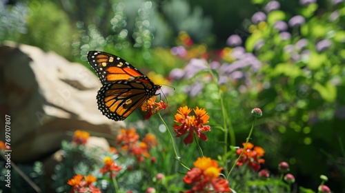 Butterfly Resting on Flowers in Park
