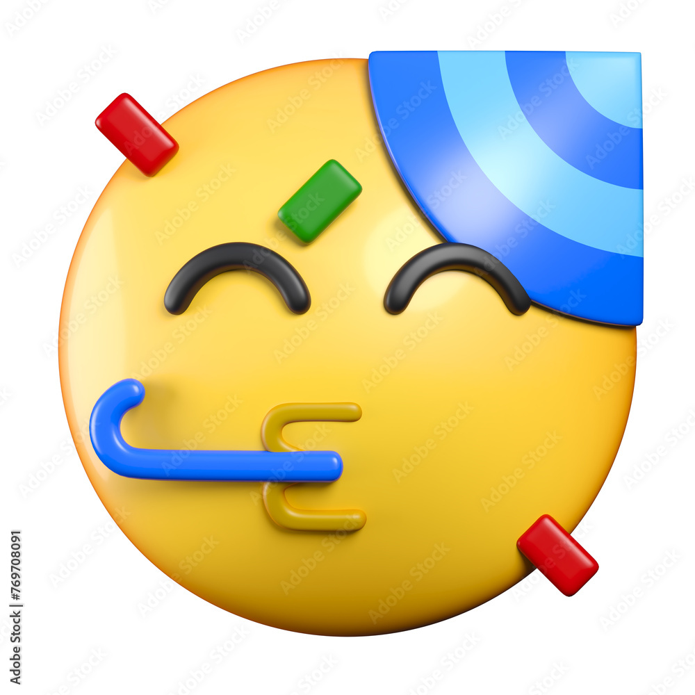 Partying Face emoji, face with a party hat blowing a party horn as confetti floats around its head emoticon 3d rendering Partying Face emoji, face with a party hat blowing a party horn as confetti floats around its head emoticon 3d rendering