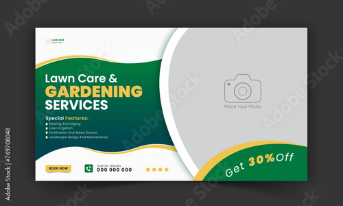 Organic food and agriculture service YouTube video thumbnail design, modern lawn mower garden, or landscaping service social media cover or post template with abstract green and yellow color shapes