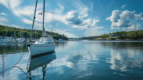 A white sailboat peacefully moored in the harbor.  photo