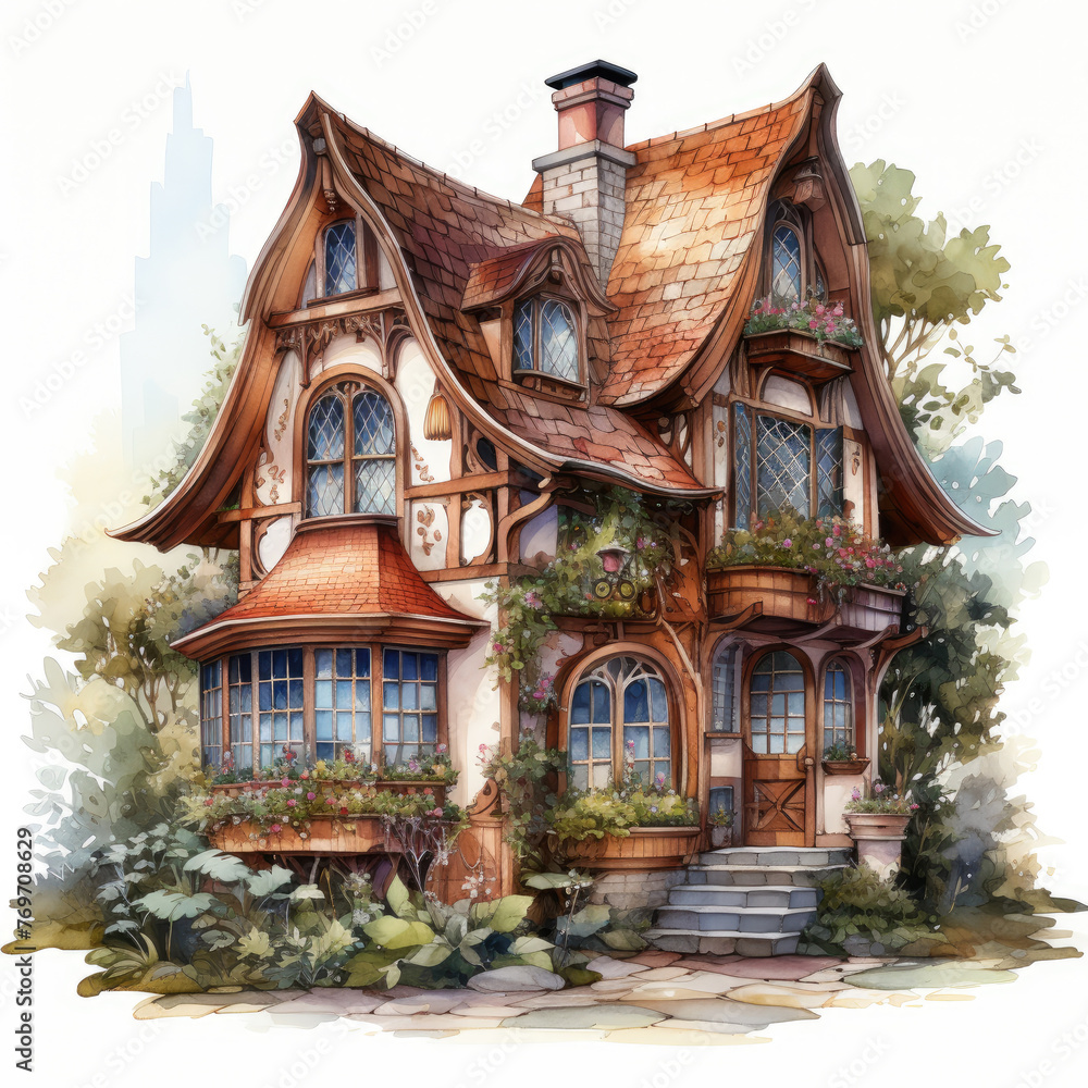 Fototapeta premium watercolor Kawaii Gingerbread House clipart, Generative Ai