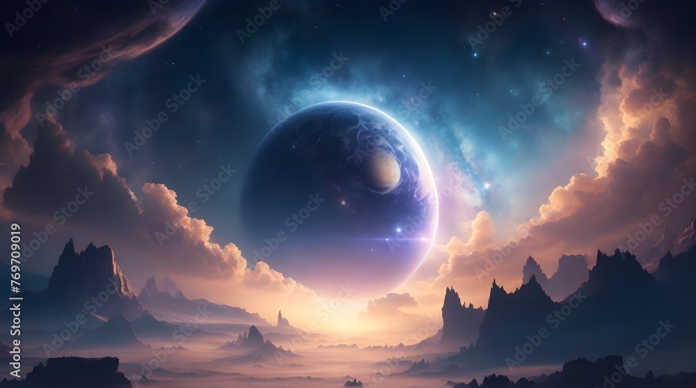 Fantasy landscape with planet and nebula. 3D illustration.