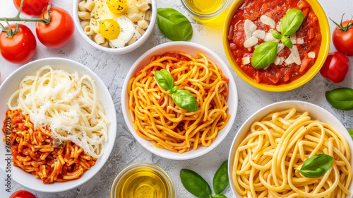 A variety of pasta dishes are laid out on a table  including spaghetti  macaroni  and penne. The dishes are topped with different sauces and garnishes  such as basil and cheese