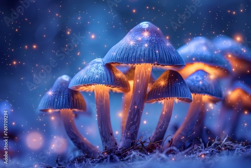 Glistening Starlight Fungi Mushrooms Glowing Amidst Cosmic Constellations in Ethereal Fantasy Landscape