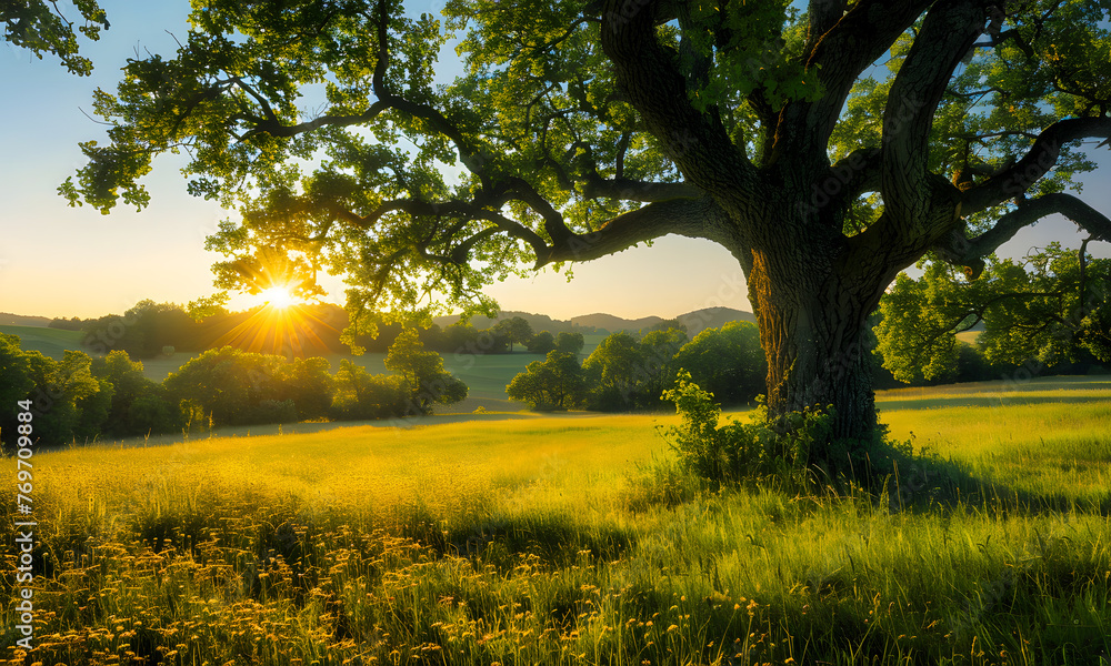 Green Nature In The Countryside On The Background Of A Beautiful Sunrise