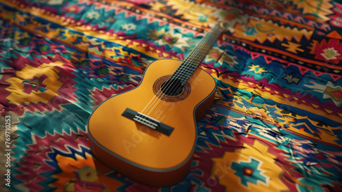 Melodic Tradition: Classical Guitar on Vibrant Ethnic Textile photo