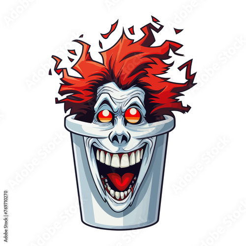 Cartoon character with evil expression trapped in a bucket.