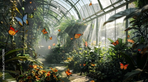 Sunlit Butterfly Conservatory With Fluttering Monarchs