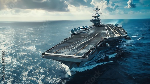 Large modern warship with several fighter jets on deck sails through blue water toward viewer