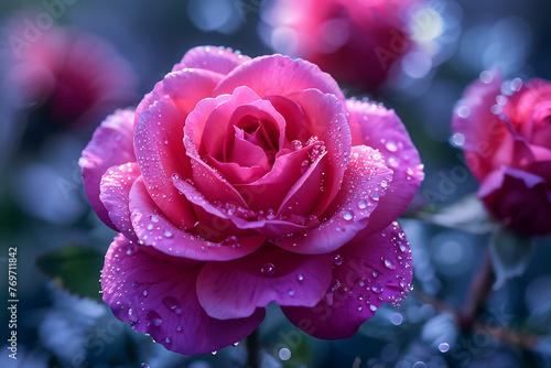 A close-up photo of a beautiful pink rose in full bloom. The rose petals are soft and delicate, with sparkling dewdrops clinging to their surface. This image is perfect for florists, garden centers