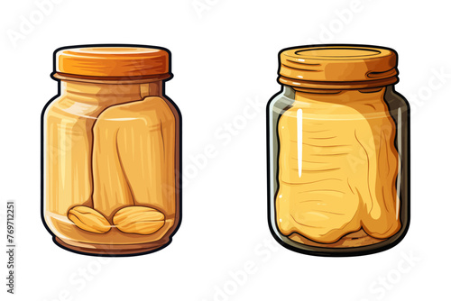 Two jars filled with peanut butter and almonds.