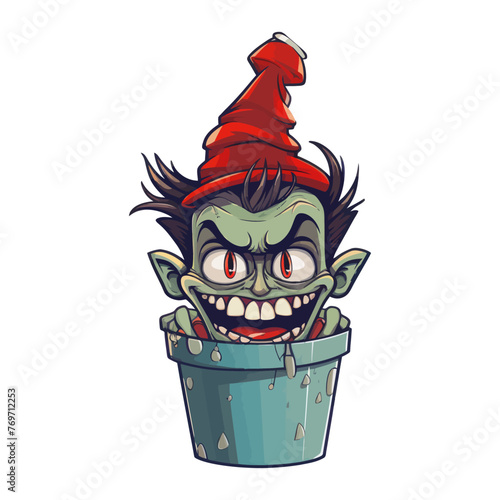 Cartoon character with evil expression trapped in a bucket.
