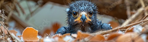 Intimate closeup of a wet eagle chick freshly hatched and resting amidst the broken eggshell fragments exuding a sense of vulnerability and strength