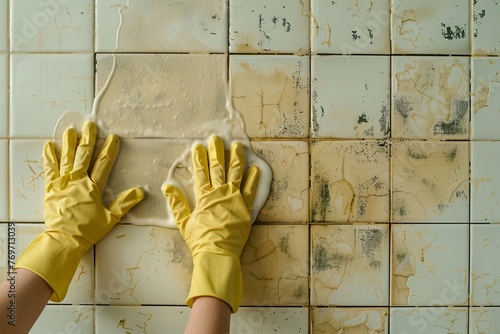 Young woman wearing rubber gloves cleaning a tiled wall in light ashy tones with sponge photo