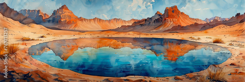 Oasis mirage in a vast desert, watercolor, illusion's embrace