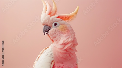 A nearby of a dazzling pink cockatoo with its peak raised presenting against a delicate pastel pink background © Emma
