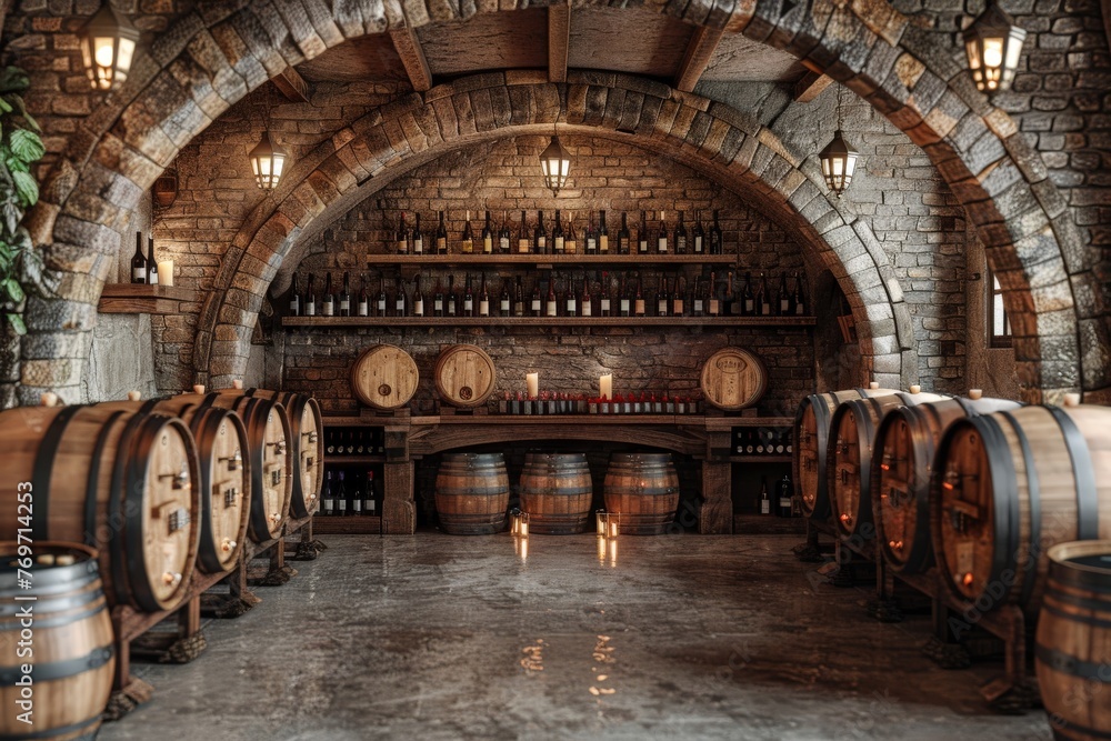 Atmospheric wine cellar with stone arches, wooden barrels lined up, and ...