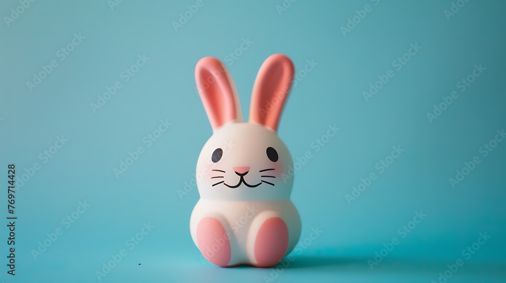 a nearby of a squishy toy on a blue background with a rabbit cover on it face and ears a nearby of a squishy toy on a blue background with a rabbit cover on it face and ears