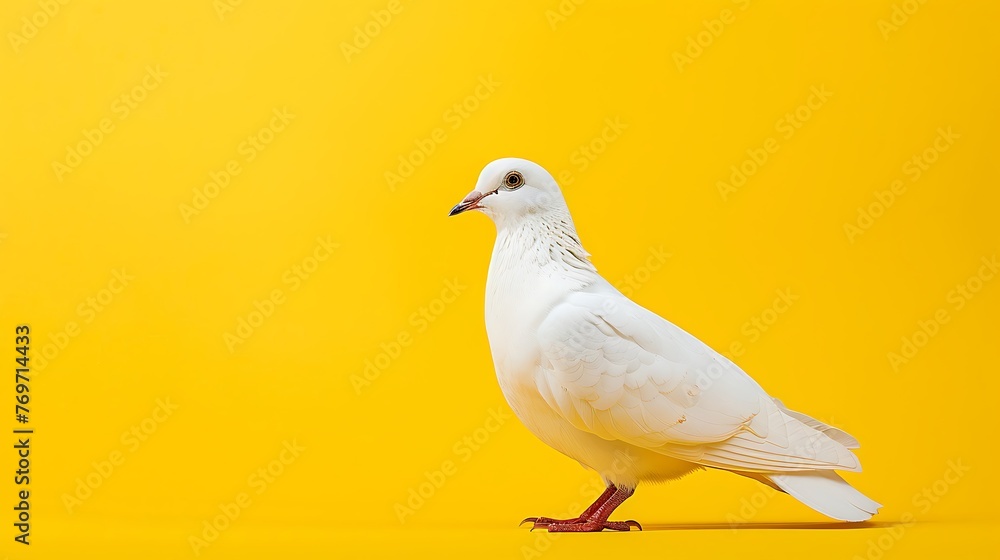 a nearby of a white bird on a yellow background a nearby of a white bird on a yellow background