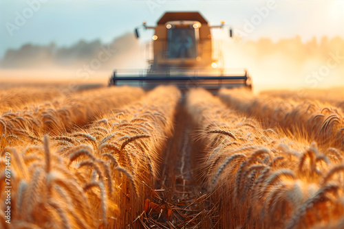 Сombine harvester in a wheat field. Harvesting and agriculture concept in a retro style.