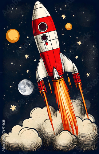 Rocket Launch Colourful Pop Art Cartoon Illustration