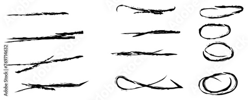 Brush strokes, black ink lines, vector abstract set with paint brush grunge texture on transparent background. Paintbrush strokes and ink smear stains. doodle underlines. vector illustration
