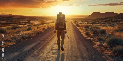 A man carrying a backpack and walking along a deserted road at sunset.  © kimly