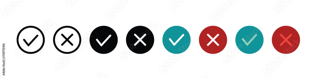 Checkmark cross icon Check mark icon set. Check mark right symbol tick sign. Checkmark cross icon Check mark icon set. Check mark right symbol tick sign.