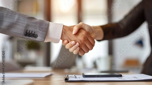The Moment of Agreement as a Satisfied Client and Company Representative Shake Hands Above an Office Desk