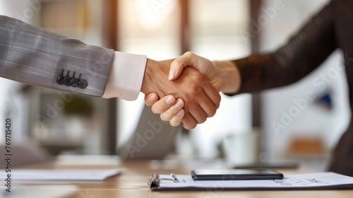 The Moment of Agreement as a Satisfied Client and Company Representative Shake Hands Above an Office Desk © coco