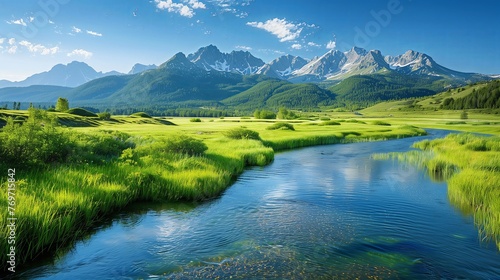 River winding its way through a lush green grassy field with mountain background. © phaloh