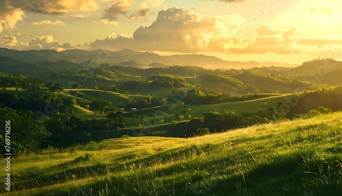 Tranquil countryside landscape featuring rolling green hills under the warm glow of the setting sun