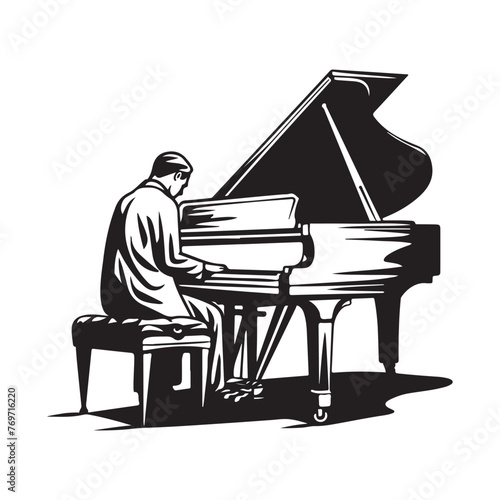 Silhouette of man playing on a piano. Vector image 
 isolated on white