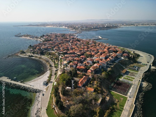 Aerial view of Nessebar in Burgas Province, on Bulgaria's Black Sea coast.