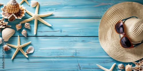 Blue wooden background with straw hat, sunglasses and seashells on the table. Summer vacation concept