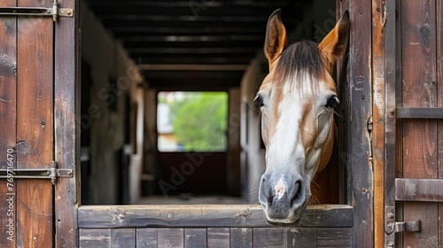 The Thoughtful Expression of a Thoroughbred Horse Looking Beyond the Wooden Doors of Its Stable