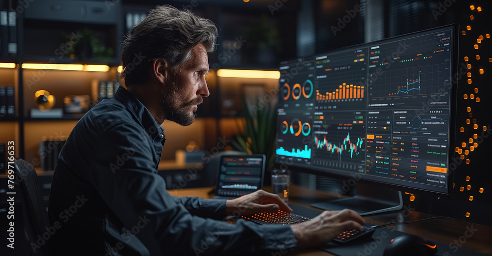 Portrait of Professional Male Developer Using Desktop Computer and Typing in Creative Office. Caucasian Man Analysing Data and Budget for the Lunch of a New Product in Big Gaming Company Generative AI Portrait of Professional Male Developer Using Desktop Computer and Typing in Creative Office. Caucasian Man Analysing Data and Budget for the Lunch of a New Product in Big Gaming Company Generative AI