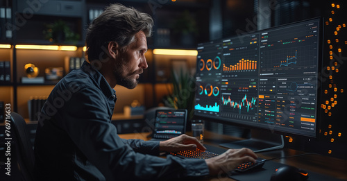Portrait of Professional Male Developer Using Desktop Computer and Typing in Creative Office. Caucasian Man Analysing Data and Budget for the Lunch of a New Product in Big Gaming Company Generative AI