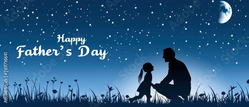 happy father playing with his daughter under the moonlight, with a simple flat design. Happy Father Day