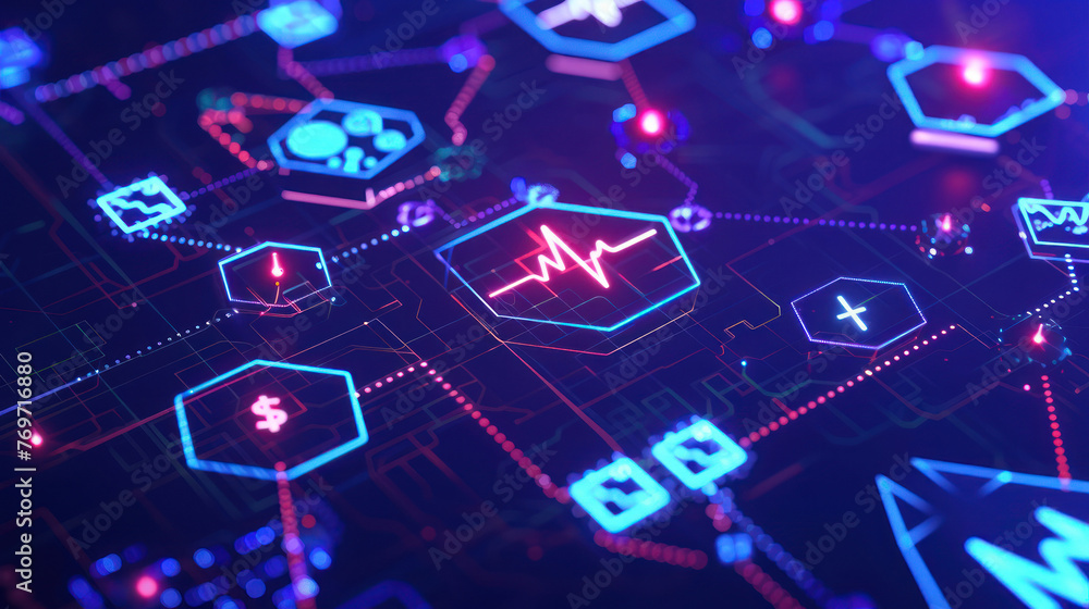A digital representation of healthcare and financial elements in a futuristic technology concept A digital representation of healthcare and financial elements in a futuristic technology concept