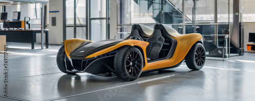 A modern, innovative concept sports car with a striking black and orange design displayed in a showroom setting