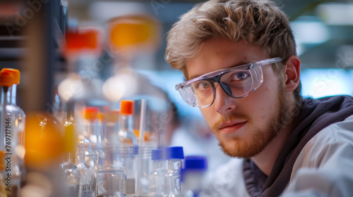 A portrait of a serious male researcher surrounded by colorful test tubes in a laboratory, embodying dedication and precision in scientific work.