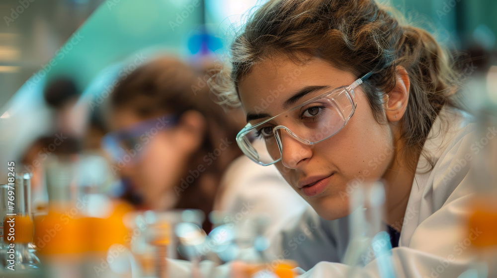 An observant young female scientist examines scientific samples in a lab, representing the meticulous nature of research and analysis. An observant young female scientist examines scientific samples in a lab, representing the meticulous nature of research and analysis.