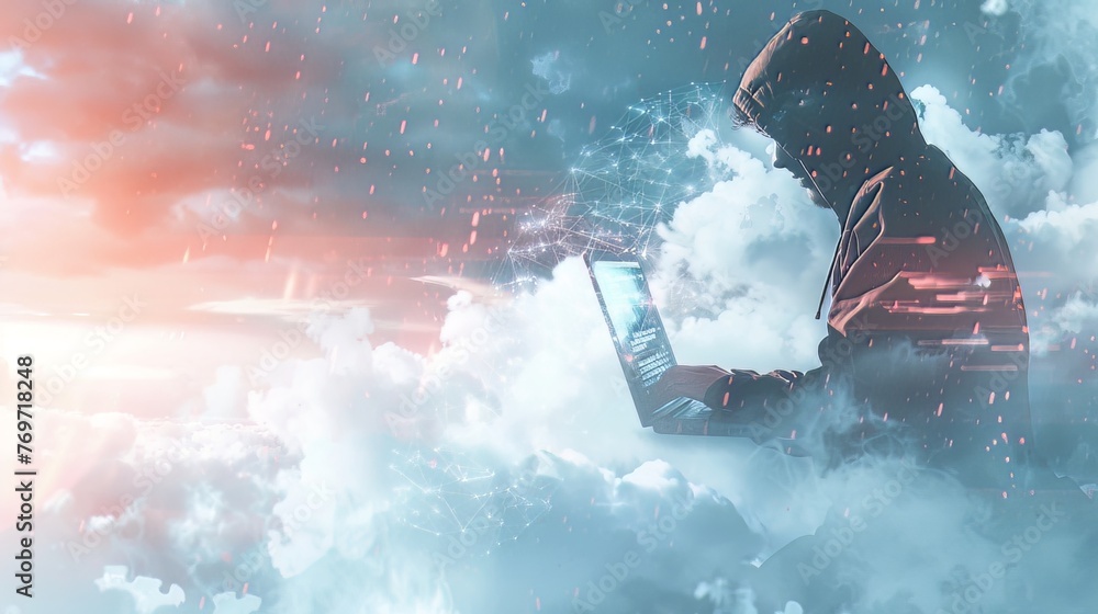 Fototapeta premium Hacker utilizing a laptop amidst a digital polygonal cloud and binary code, illustrating the intersection of cloud computing and criminal activity in a double exposure concept