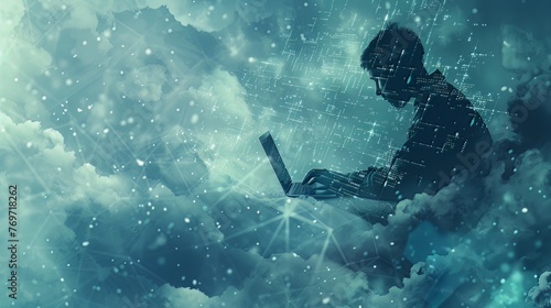Hacker utilizing a laptop amidst a digital polygonal cloud and binary code  illustrating the intersection of cloud computing and criminal activity in a double exposure concept
