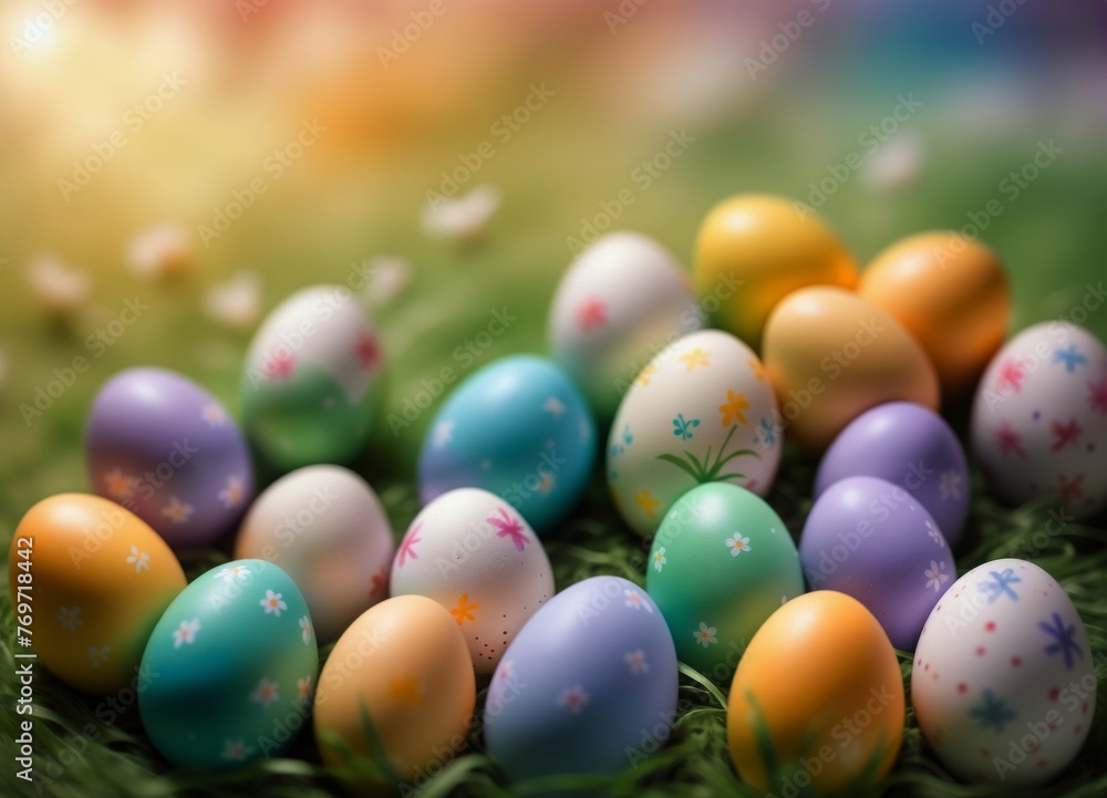 Easter Eggs and decoration on blury Spring Sky Background: Vibrant Illustration for Easter Celebrations