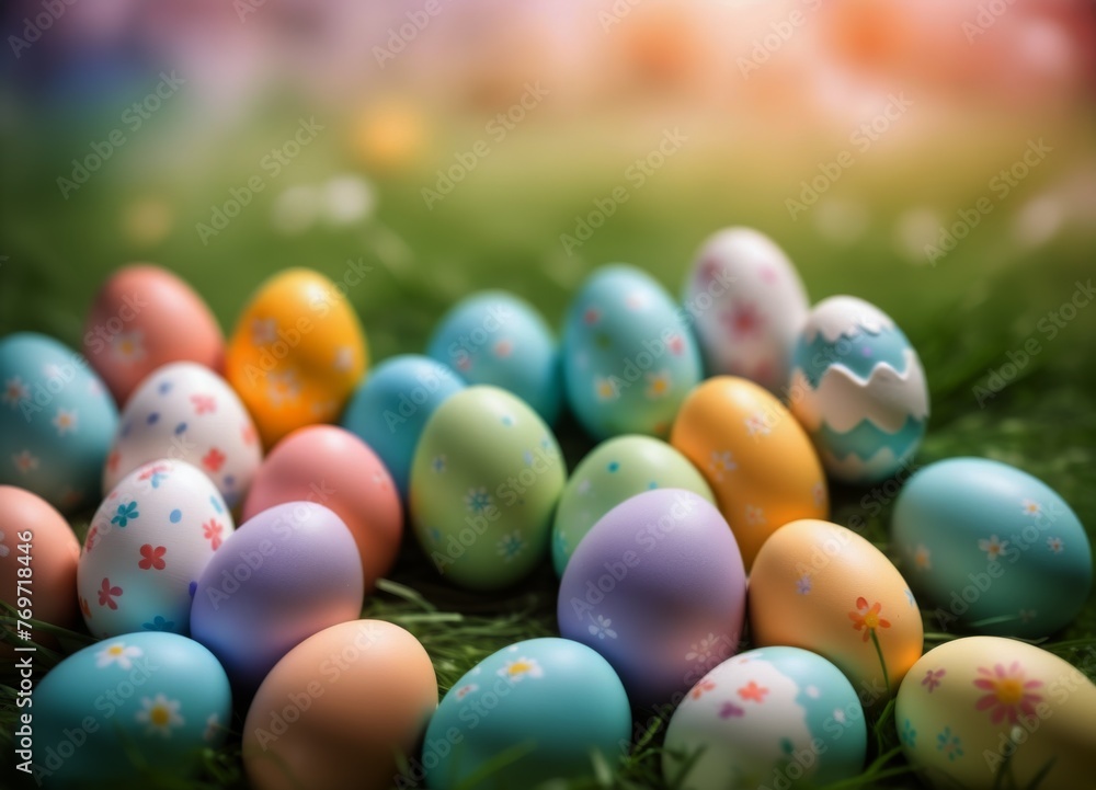 Easter Eggs and decoration on blury Spring Sky Background: Vibrant Illustration for Easter Celebrations Easter Eggs and decoration on blury Spring Sky Background: Vibrant Illustration for Easter Celebrations