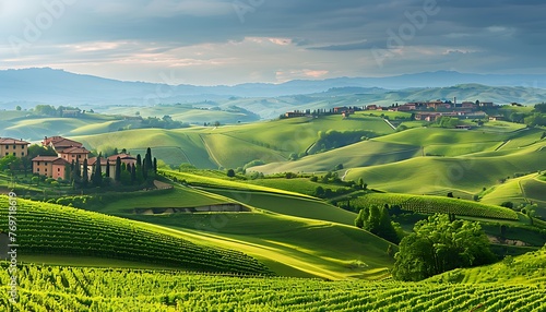 Picturesque Italian Vineyard Landscape with Rolling Green Hills and Cypress Trees