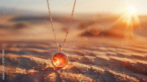 The warm tones of an amber gem pendant are enhanced by the sunlight flares, creating a dreamy beach scene