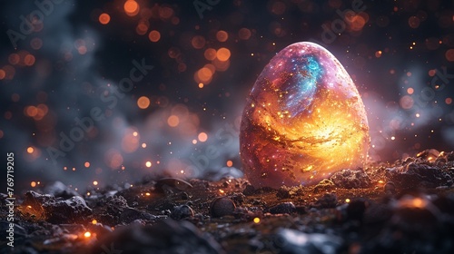 A 3D-rendered Easter egg painted with a galaxy theme